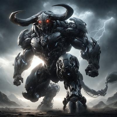 The primary subject of the image is a large robot with horns and red eyes, standing in a dark and stormy environment. The robot appears to be a futuristic war machine, with its mechanical parts and intricate details. The setting is a rocky landscape, with a cloudy sky overhead. The visual style of the image is a digital art or illustration, showcasing the robot's design and the dramatic atmosphere of the scene. The colors and mood of the image are dark and intense, with the robot